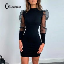 Load image into Gallery viewer, CNYISHE Sexy Elegant Black Sheer Mesh Long Sleeve Dress Casual Slim Fit Pencil Dress Women Puff Sleeve Patchwork Dresses Vestido