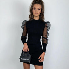 Load image into Gallery viewer, CNYISHE Sexy Elegant Black Sheer Mesh Long Sleeve Dress Casual Slim Fit Pencil Dress Women Puff Sleeve Patchwork Dresses Vestido