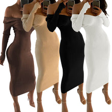 Load image into Gallery viewer, womens  cute style v-neck solid autumn woman dress comfortable sheath slim fashion cold shoulder female dress