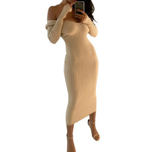 Load image into Gallery viewer, womens  cute style v-neck solid autumn woman dress comfortable sheath slim fashion cold shoulder female dress
