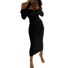 Load image into Gallery viewer, womens  cute style v-neck solid autumn woman dress comfortable sheath slim fashion cold shoulder female dress