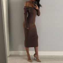 Load image into Gallery viewer, womens  cute style v-neck solid autumn woman dress comfortable sheath slim fashion cold shoulder female dress